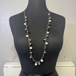 Long Silver Necklace With Black & White Beads Womens Fashion Pre-Owned